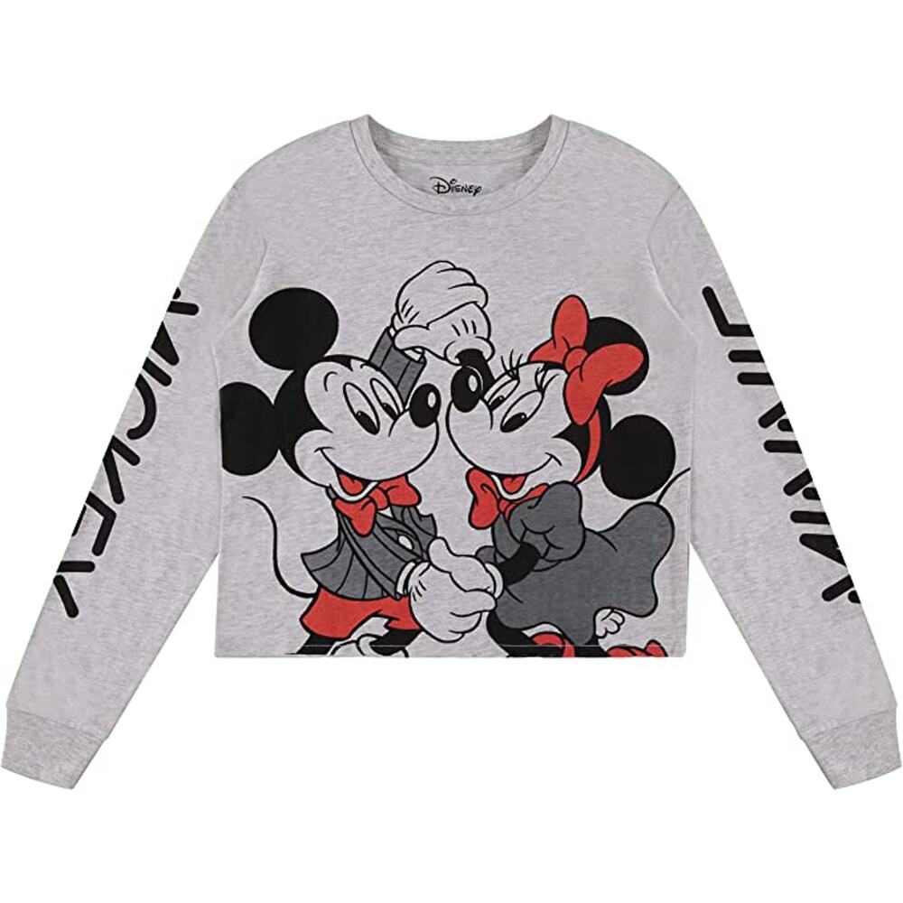 Disney Juniors' Mickey & Minnie Cropped Long Sleeve T-Shirt Gray Size M